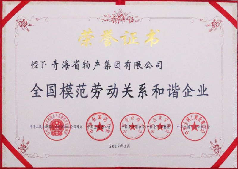 2019年全國模范勞動(dòng)關(guān)系和諧企業(yè)證書